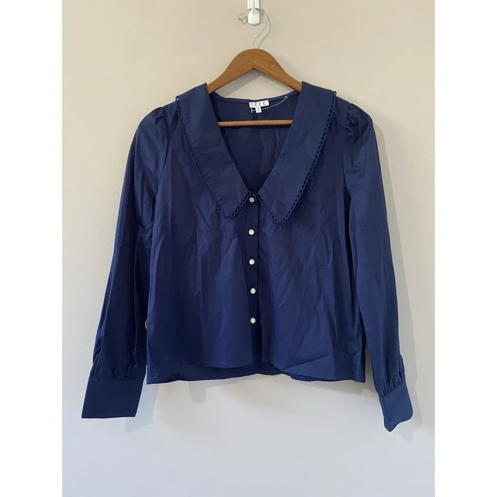 TCEC Oversized Collar Button Front Top NWOT Womens MEDIUM Navy Long Sleeve Shirt